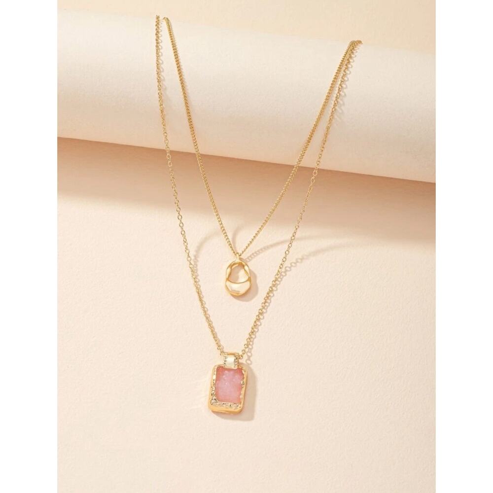 Geo Pendant Layered Necklace Pink